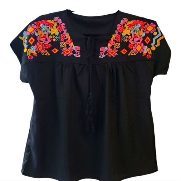 Boho Embroidered Black Peasant Blouse - Picture 2 of 9